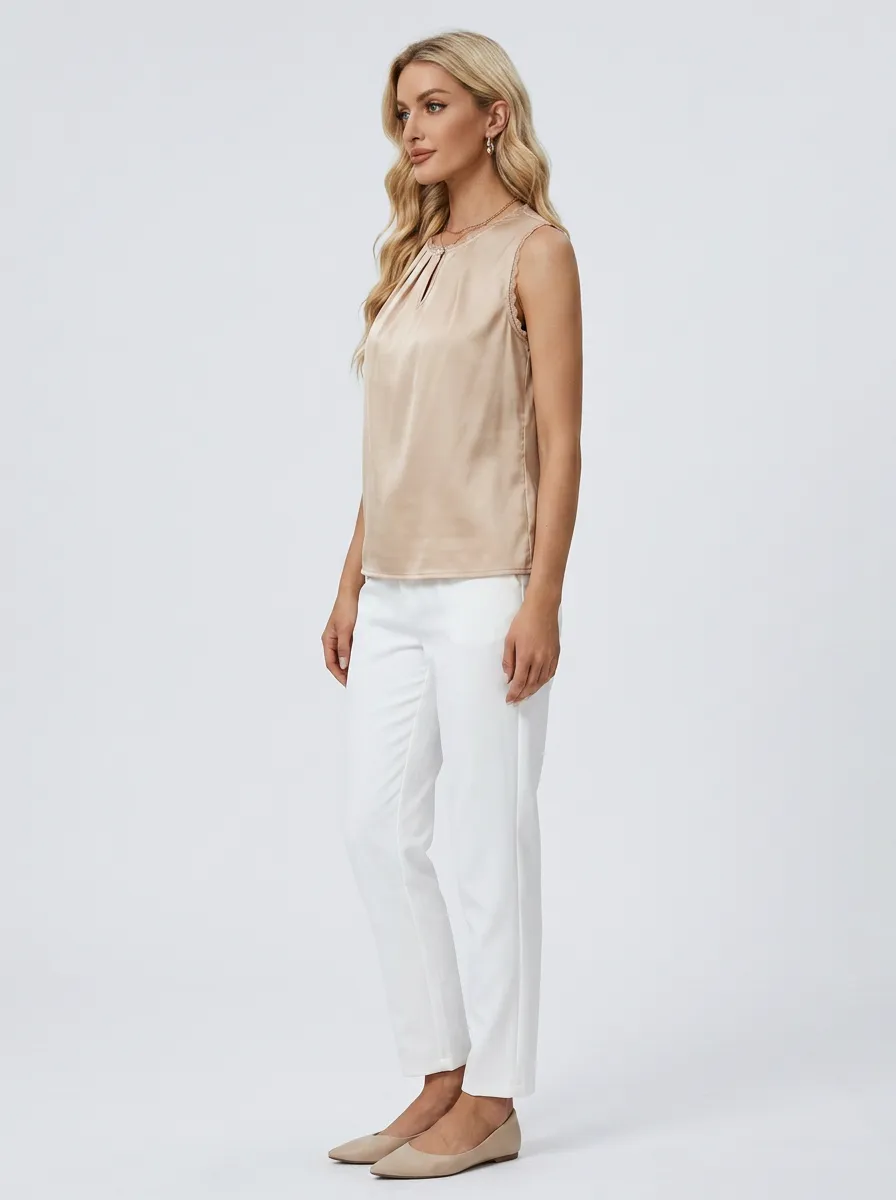 Lace Trim Pleated Satin Sleeveless Top