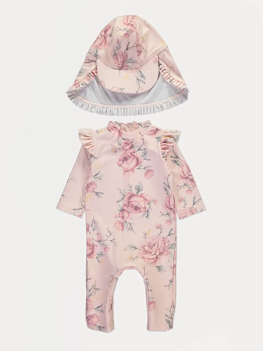 Pink Floral Sun Protection Rashsuit and Hat
