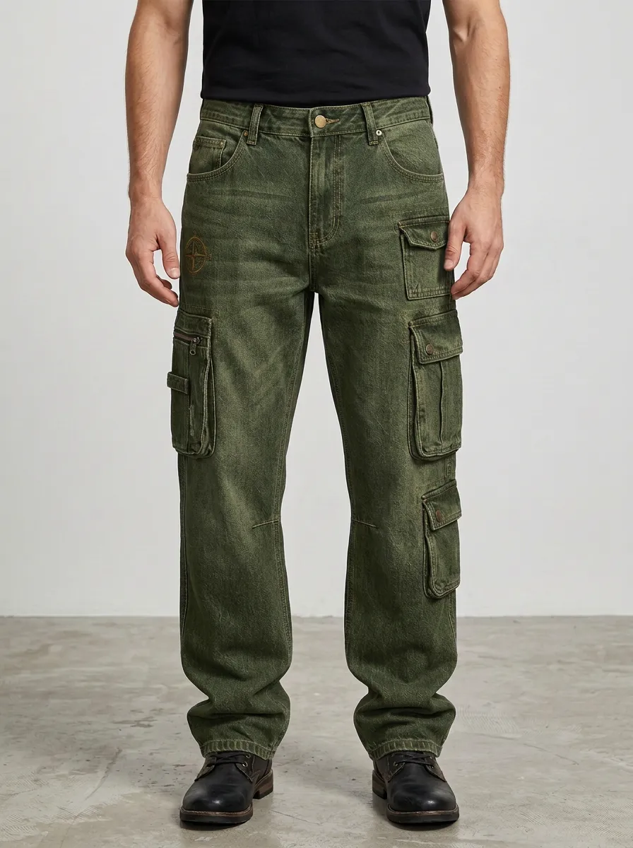 Men's Compass Graphic Multi-Pocket Printed Cargo Jeans