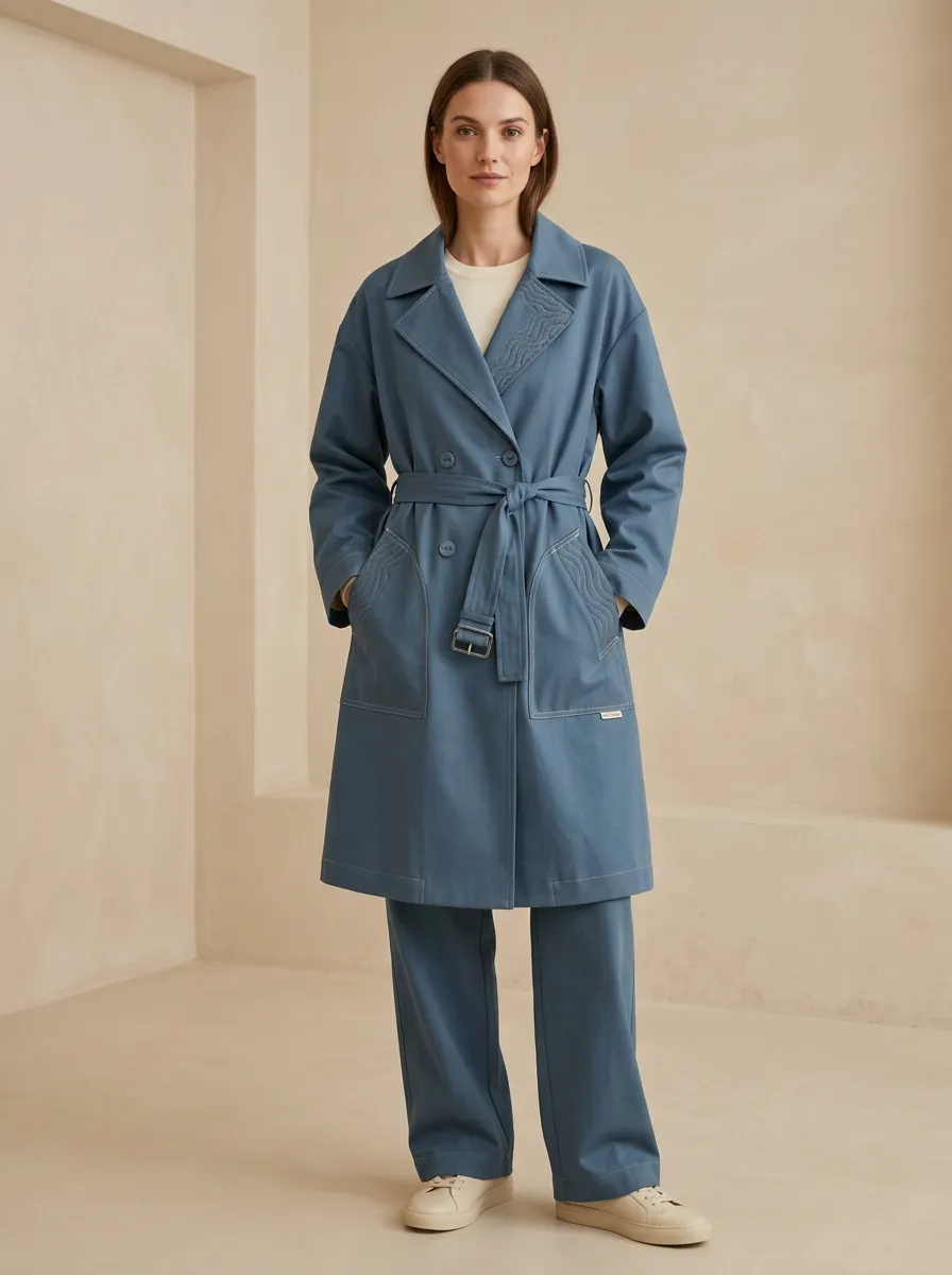 Wavy Stitched Belted Trench Coat
