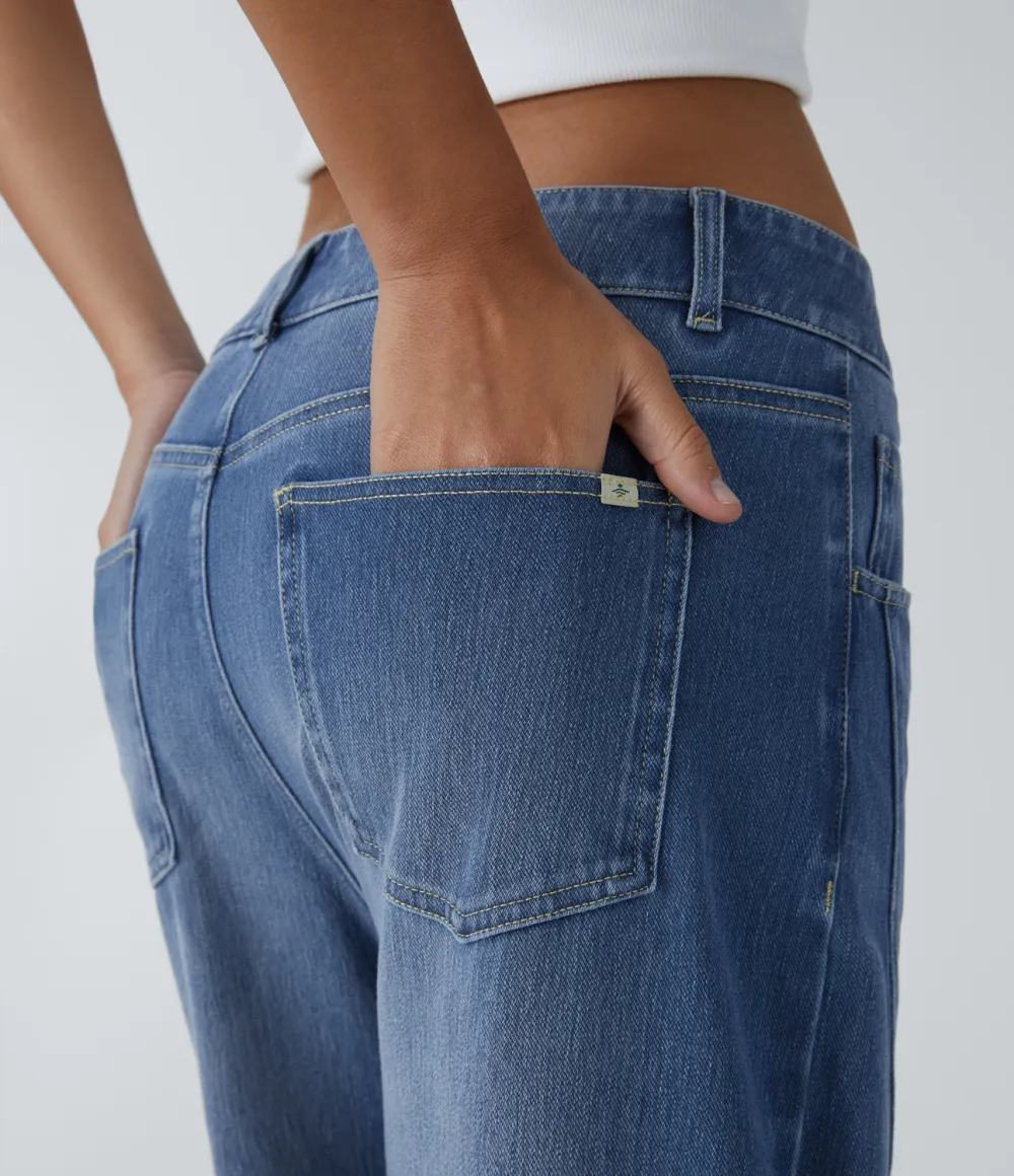 Magic Mid Low Rise Button Zipper Multiple Pockets Washed Stretchy Knit Casual Mom Jeans