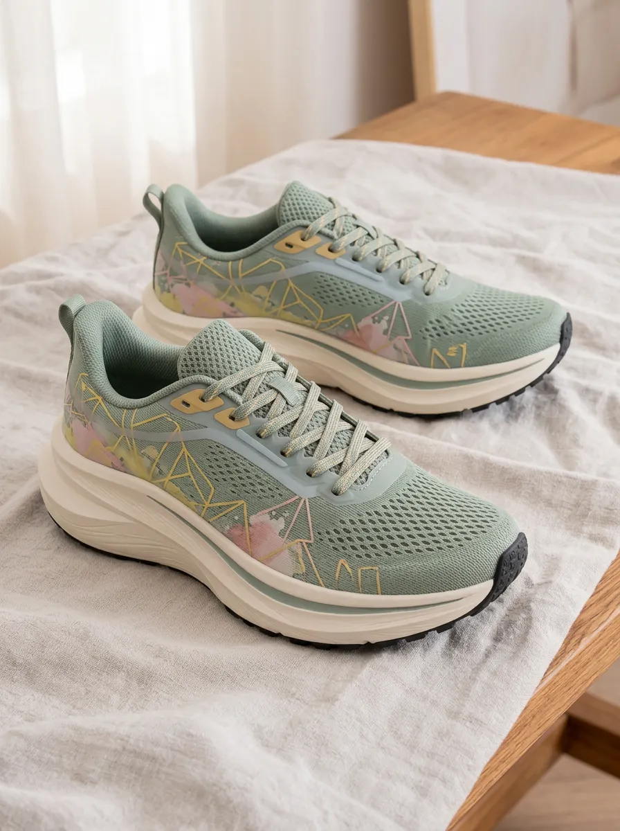 Women's Sage Green Geometric Watercolor Printed Sneakers