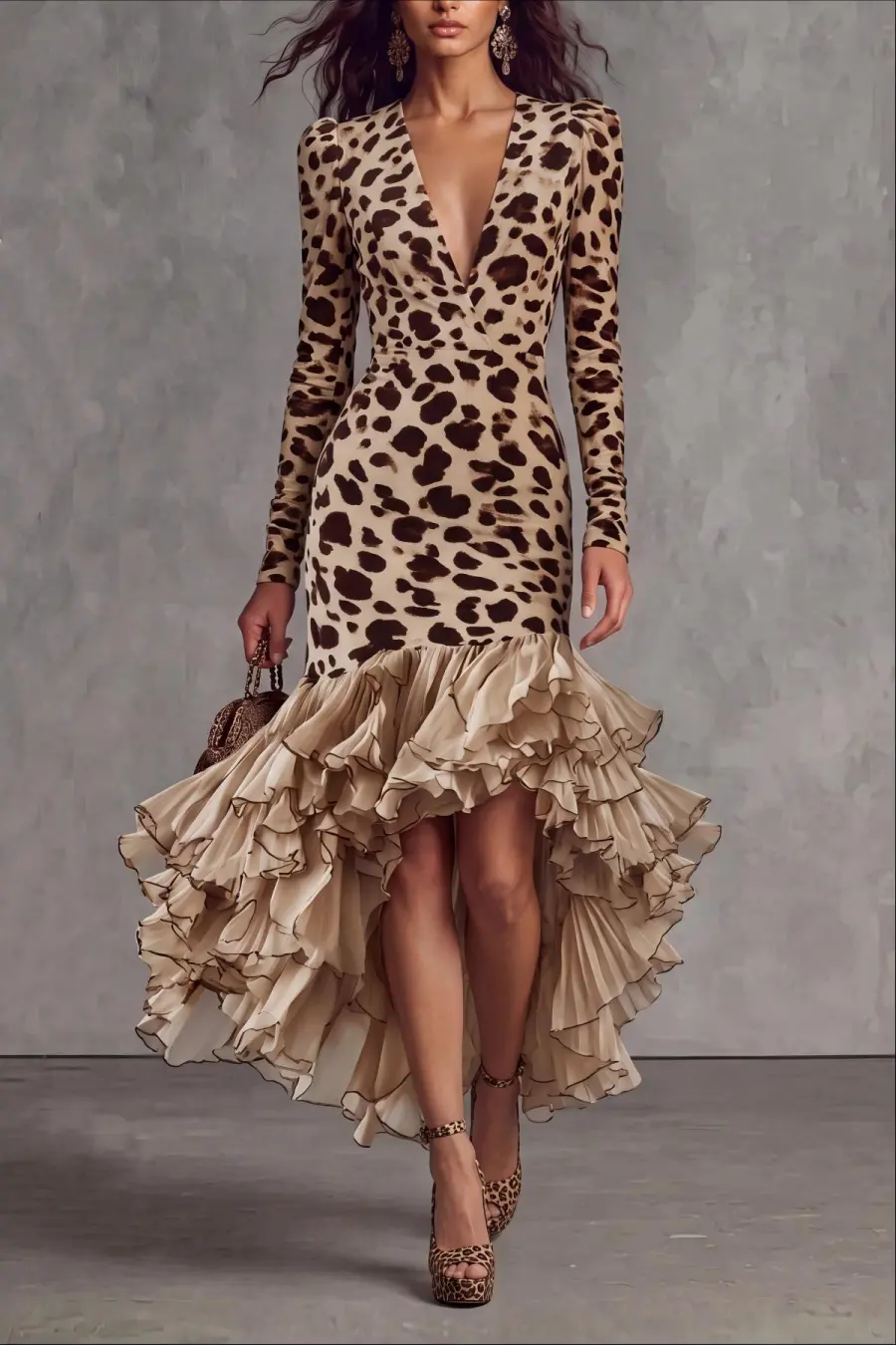 Plunge Neck Leopard Pattern Midi Dress
