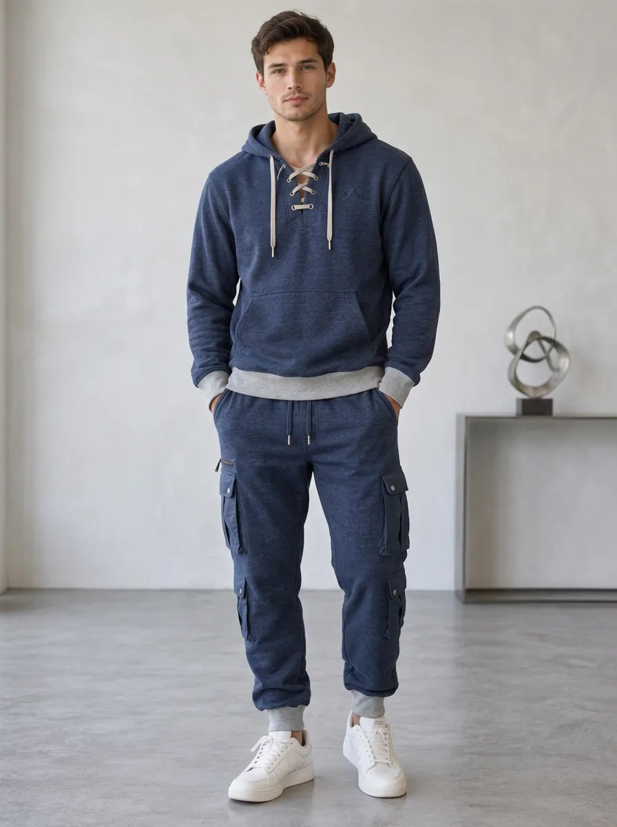 Resort-Inspired Lace-Up Mountain Graphic Edit Men's Lace Up Hoodie And Cargo Jogger Set