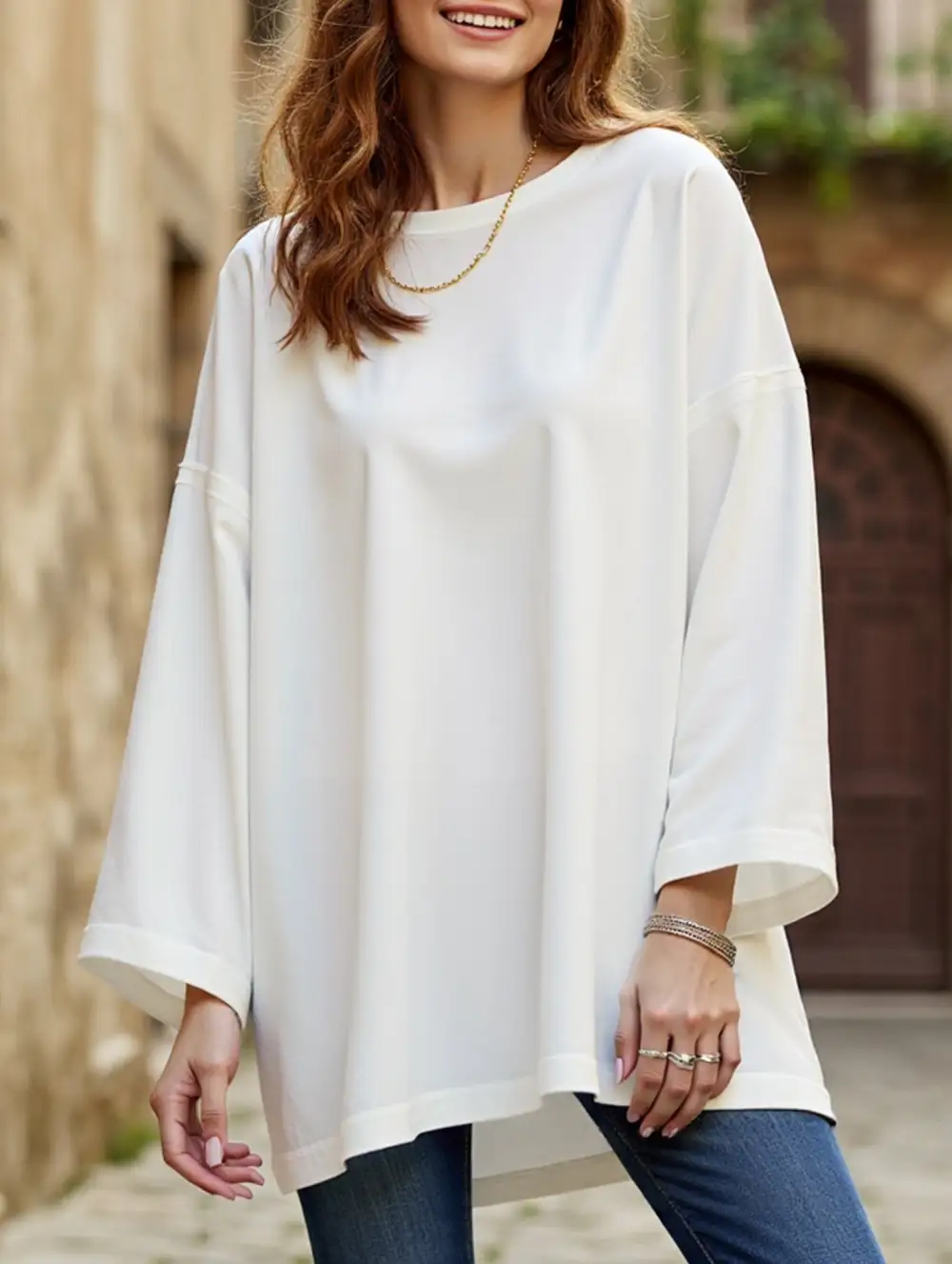 Round Neck Split Hem Long Sleeve Loose Top