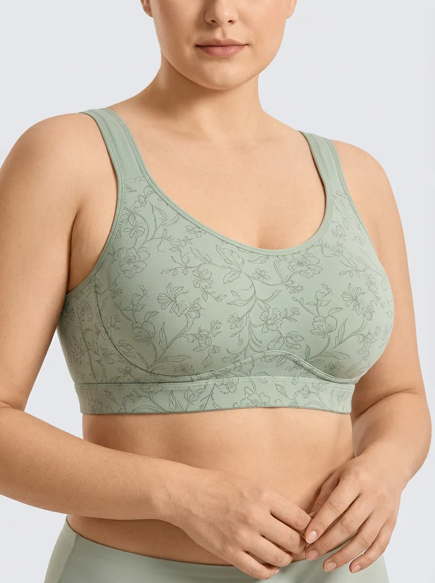 Women's Plus Size Sage Green Floral Outline Full-Coverage Scoop-Neck Wireless Sports Bra