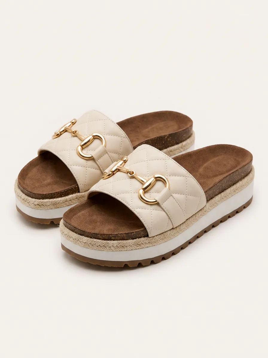 Women's Casual Fashion Quilted Gold Horsebit Platform Slides