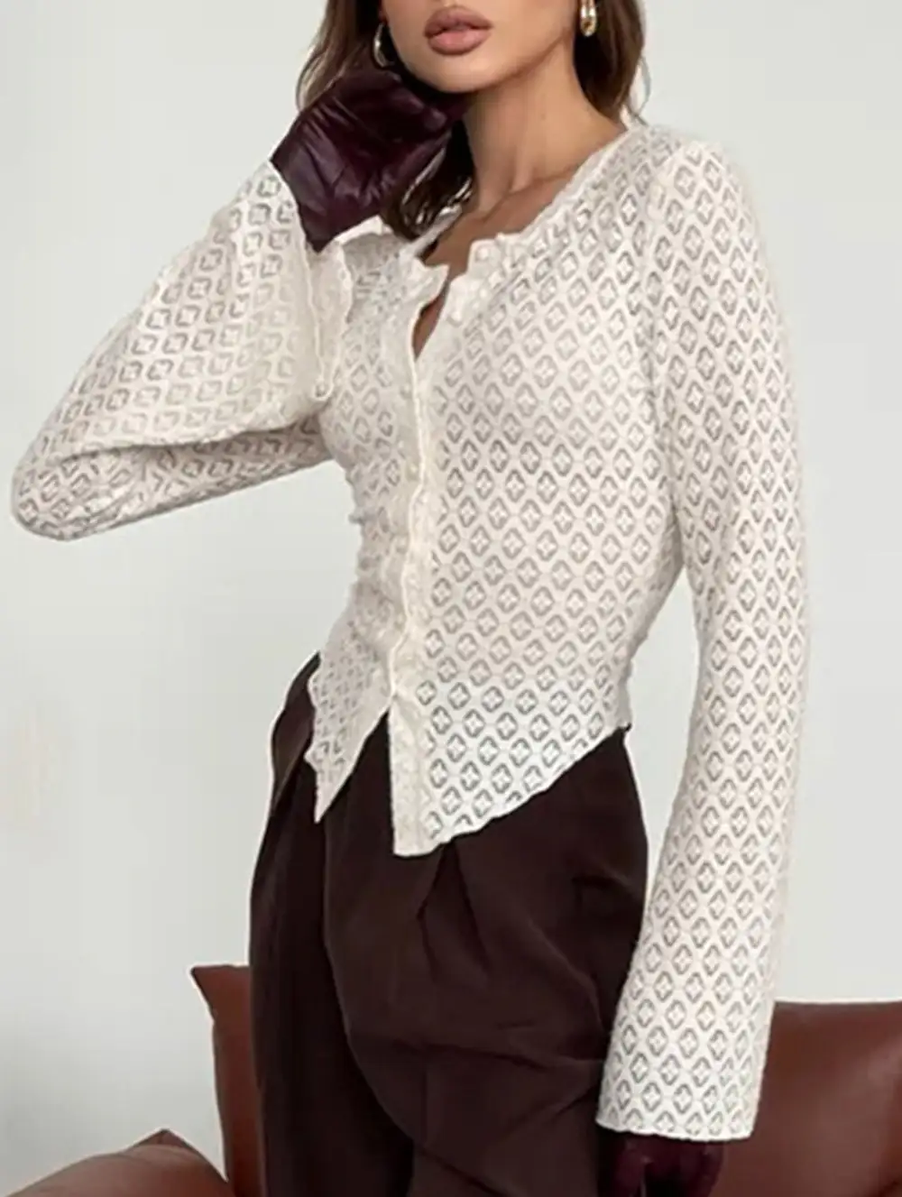 Crew Neck Lace Knit Cardigan Flare Sleeve Top