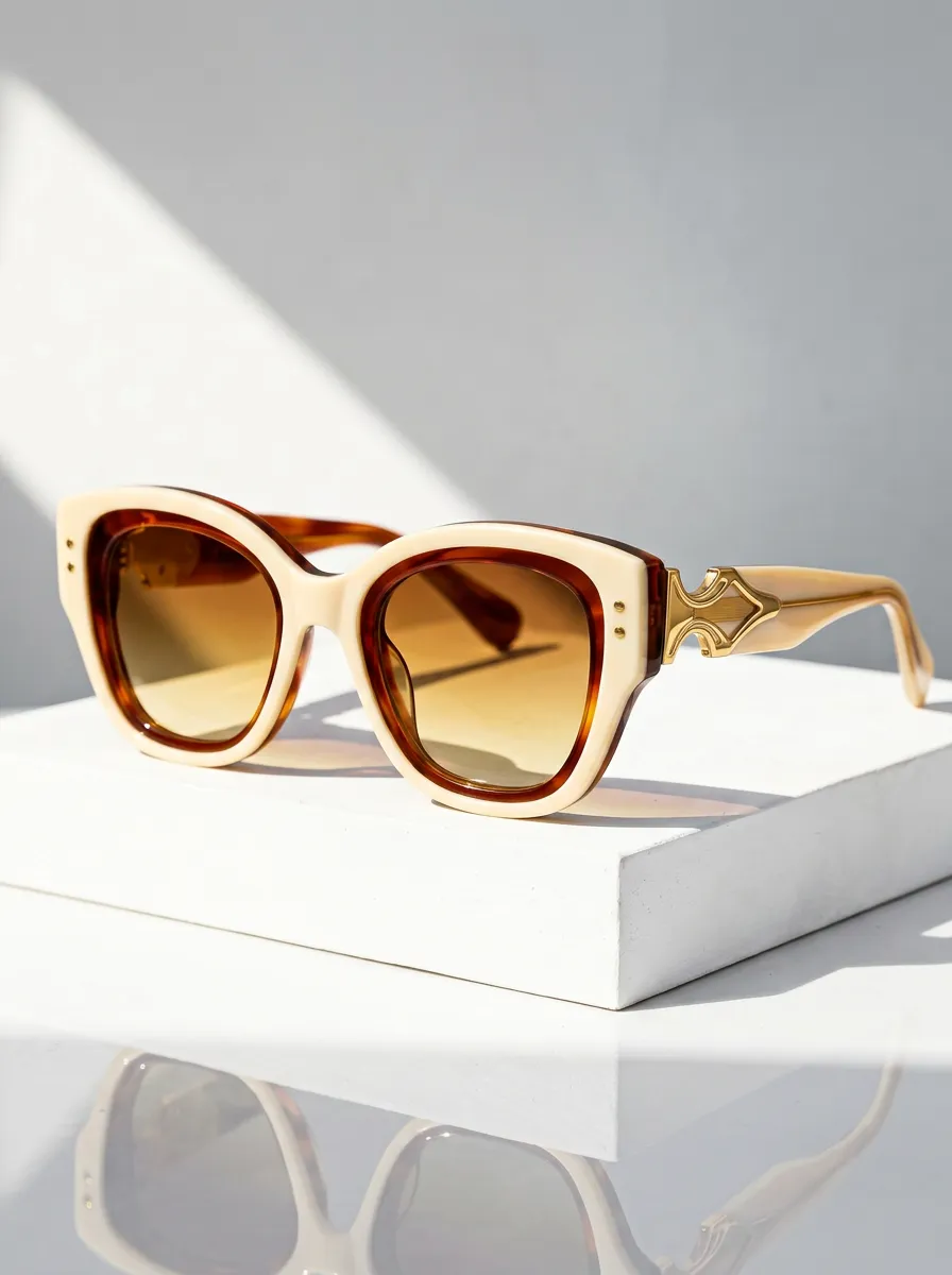 Women's Vintage Retro Cream Tortoiseshell Gold Metal Temple Sunglasses