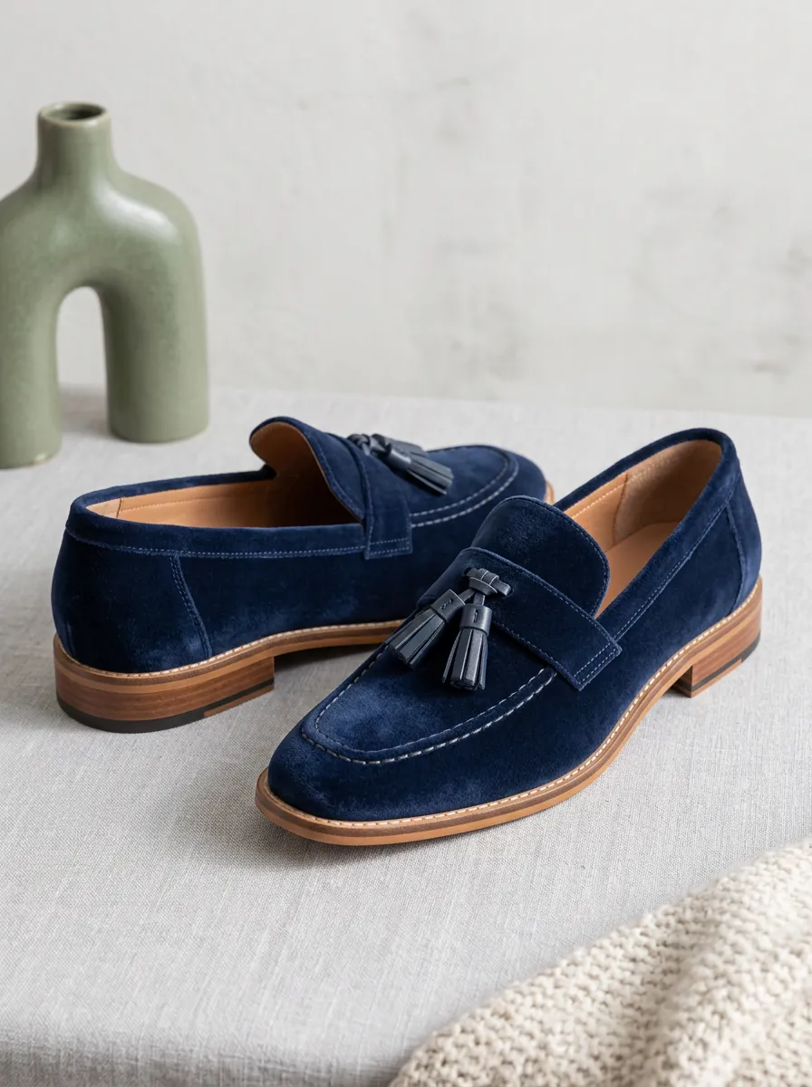 Unisex Navy Blue Suede Tassel Slip-on Loafers
