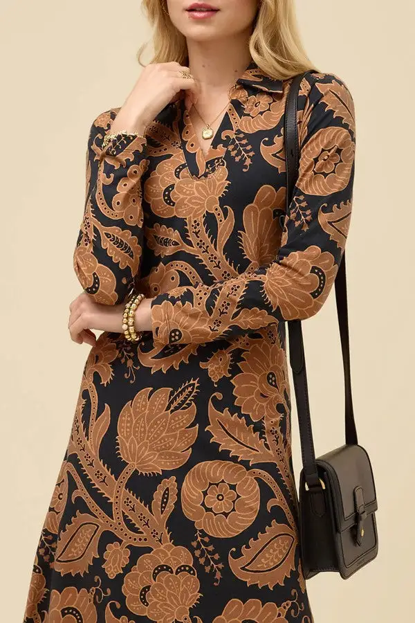 Orange Botanical Print Belted Midi Dress