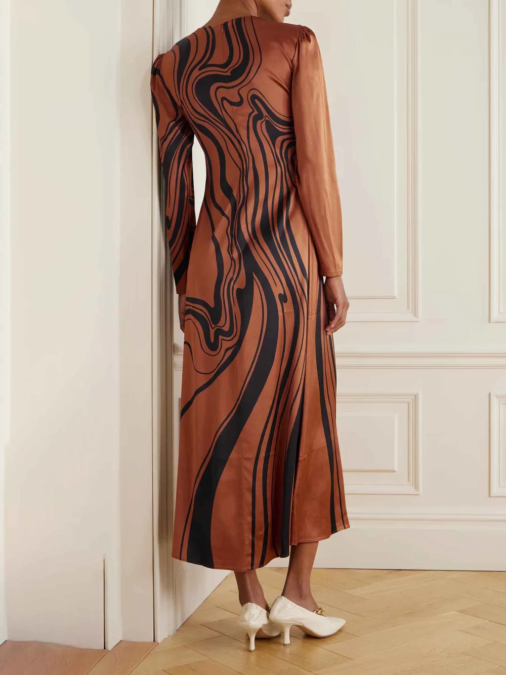 Delicate Floral Wave Print Satin Midi Dress