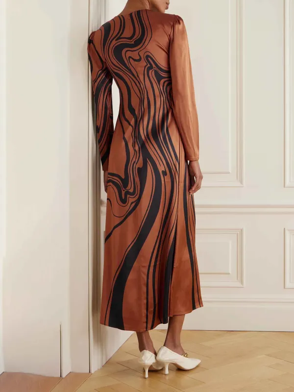 Delicate Floral Wave Print Satin Midi Dress