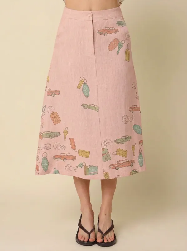Women's Vintage Travel Lover Car and Motel Key Printed Midi Skirt