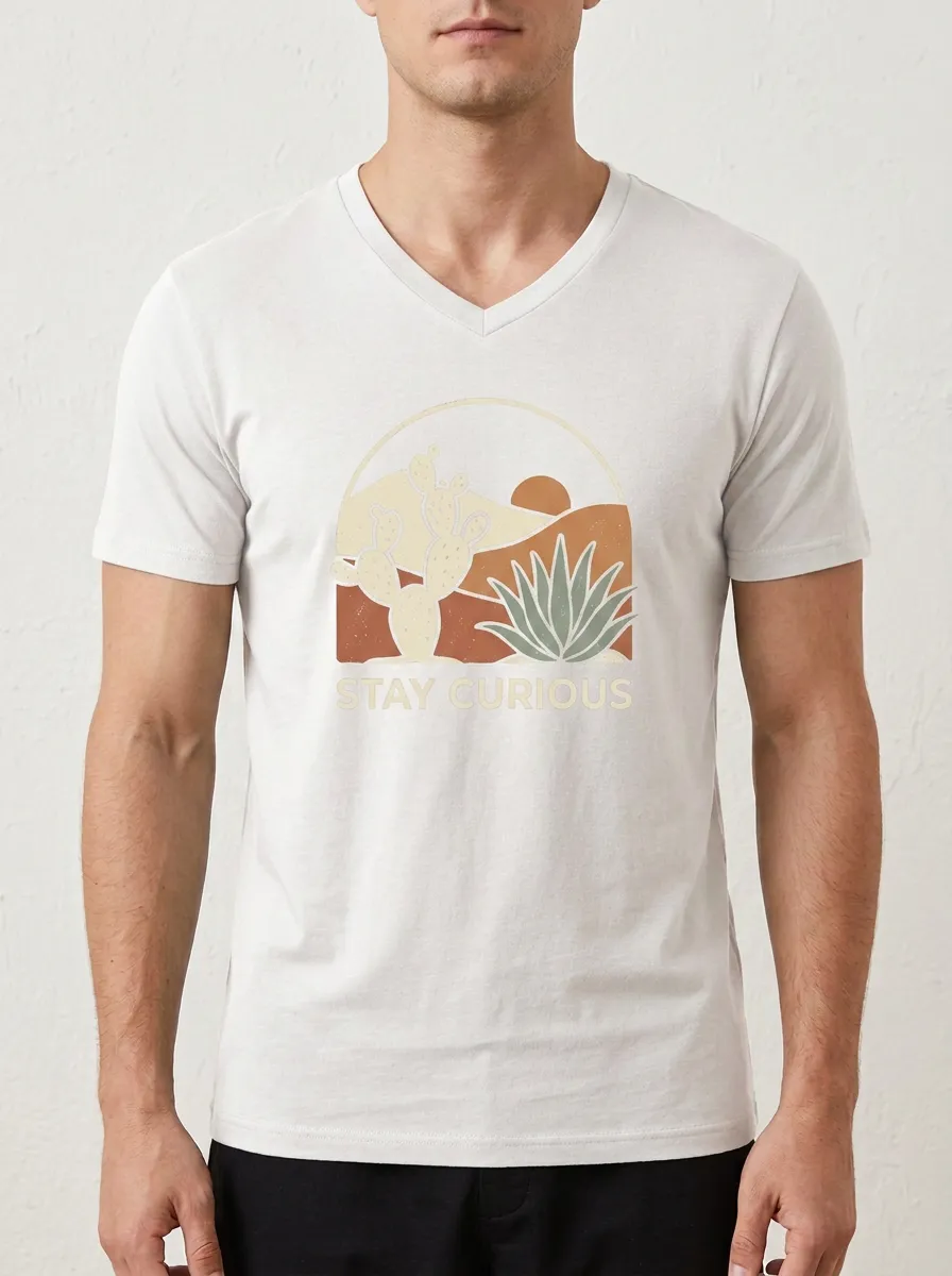 Men's Stay Curious Desert Cactus Printed V-Neck T-Shirt