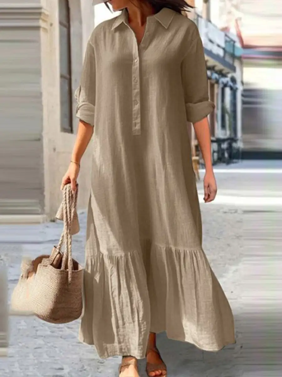 Sleeves Pleated Buttoned Long Maxi Dress