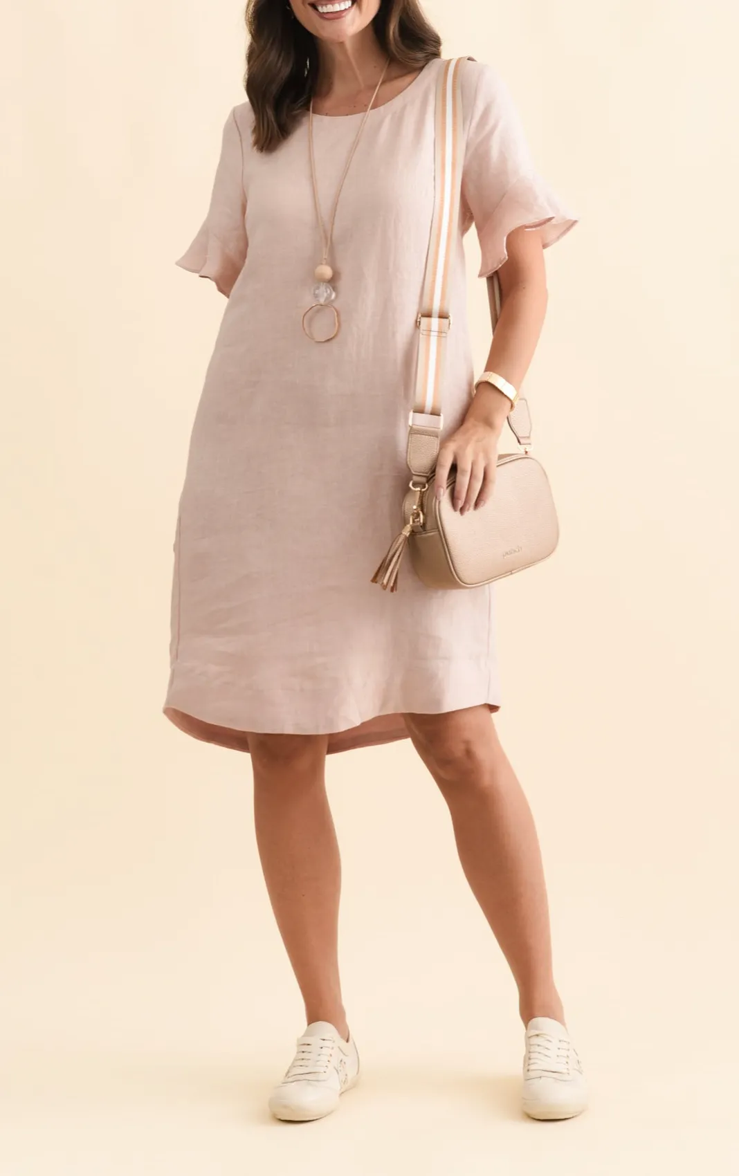 Above-Knee Linen Pocket Round-Neck Half-Sleeve A-Line Relaxed Dress