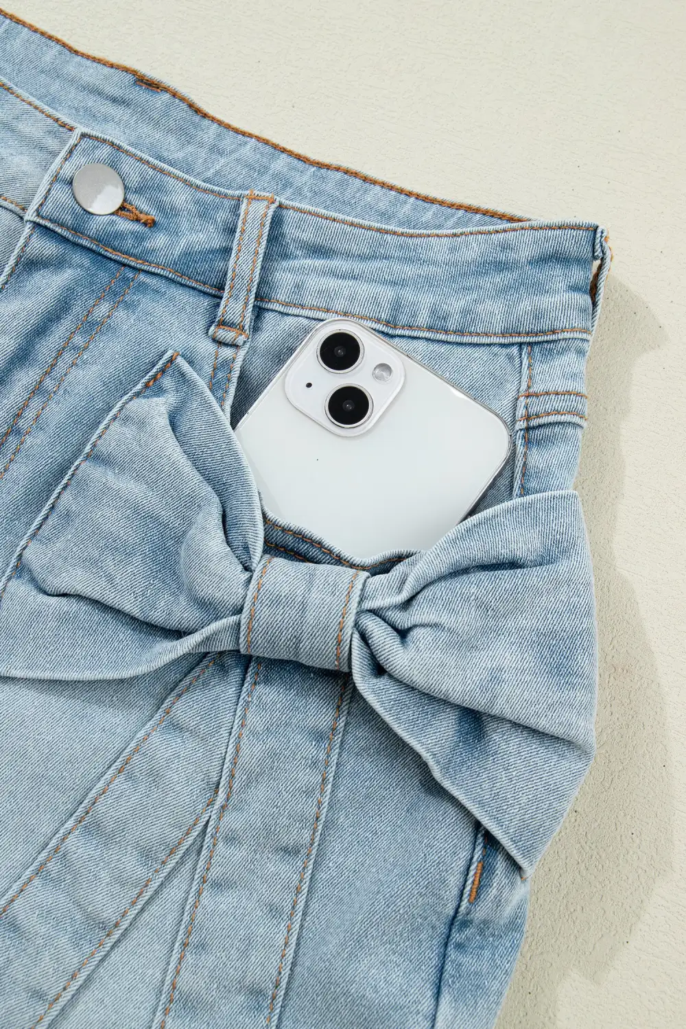 High Waist Pocketed Bow Detail Denim Shorts