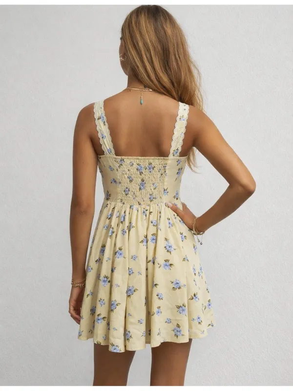 Boho Square Neck Lace Trim Ruched Mini Dress