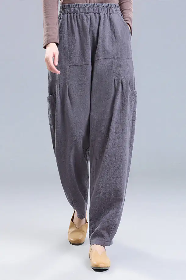 Versatile Linen Cotton Wide Leg Elastic Waist Pocketed Trousers