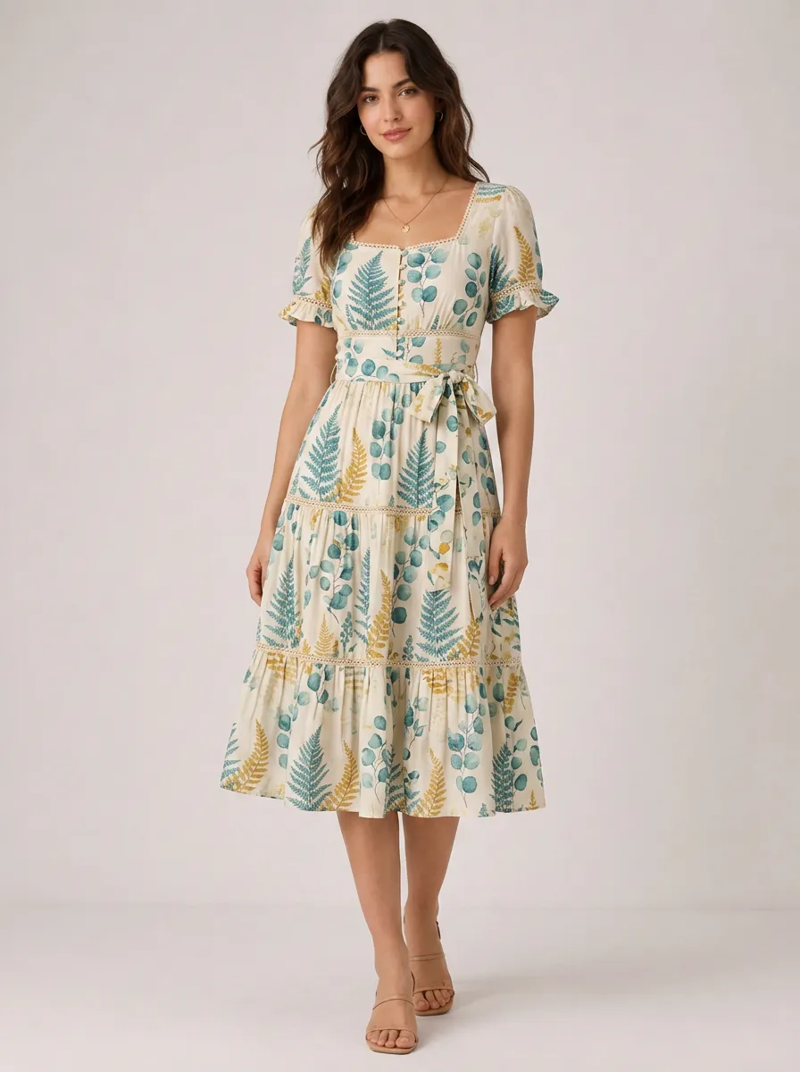 Women's Botanical Nature Lover Fern Leaf Printed Midi Dress