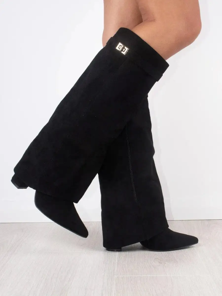Knee Tall Boots Wide Flare Top Block Heel