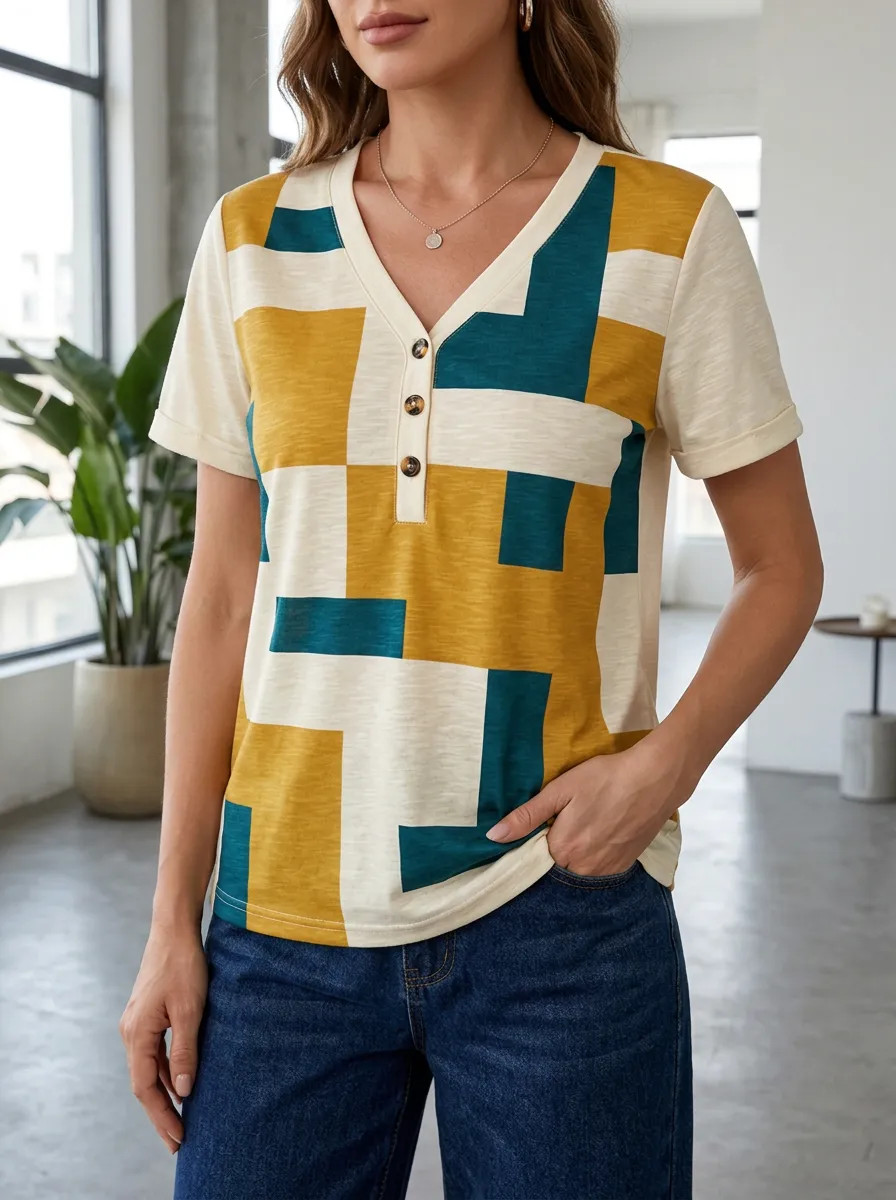 Women's Geometric Pattern Colorblock Printed Henley Top