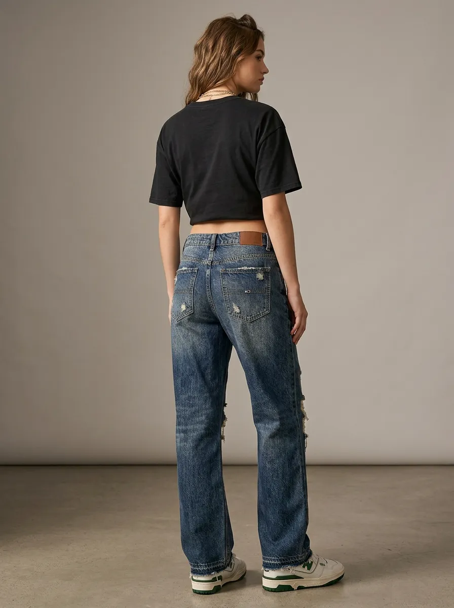 Women's Everyday Vintage Distressed Wide Leg Denim Contrast Stitch Baggy Jeans