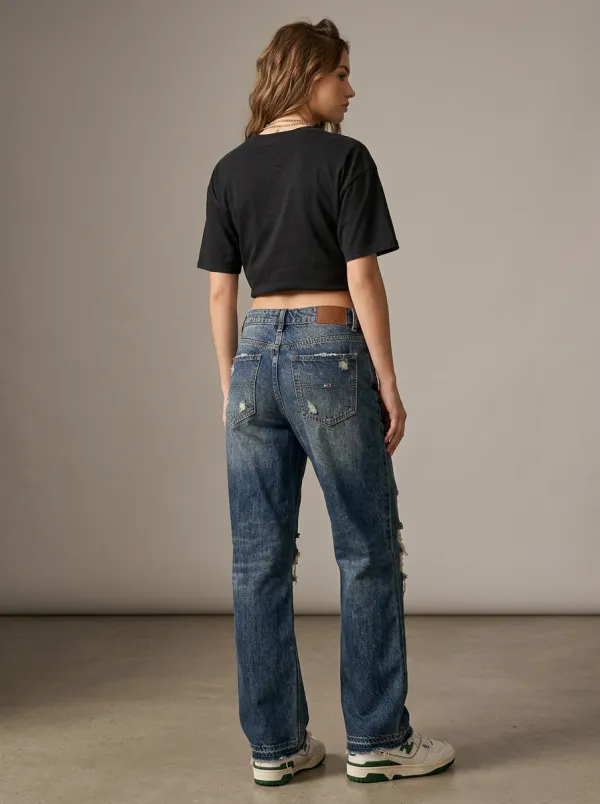 Women's Everyday Vintage Distressed Wide Leg Denim Contrast Stitch Baggy Jeans