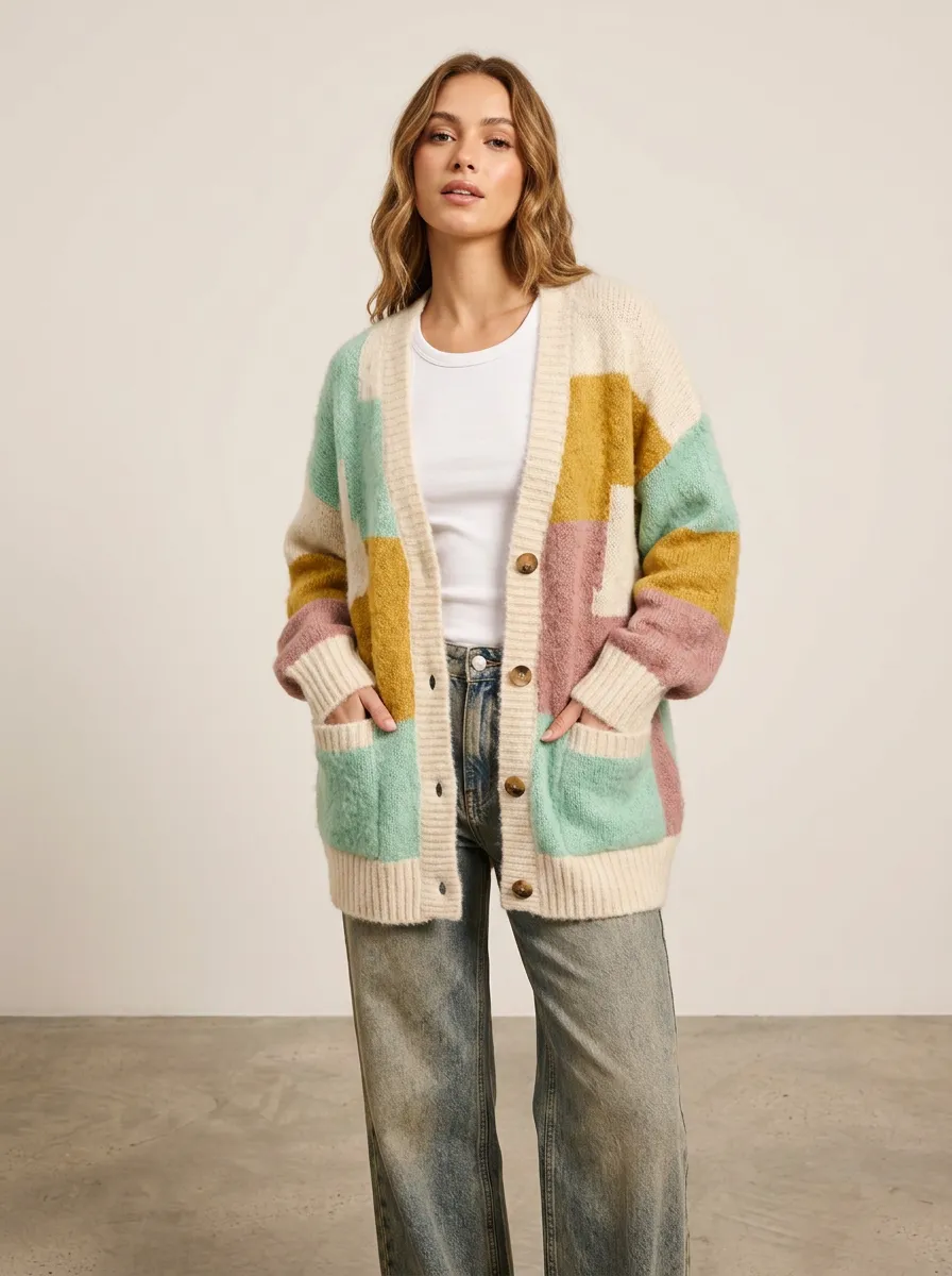 Women's Casual Style Colorblock Pattern Knitted Cardigan