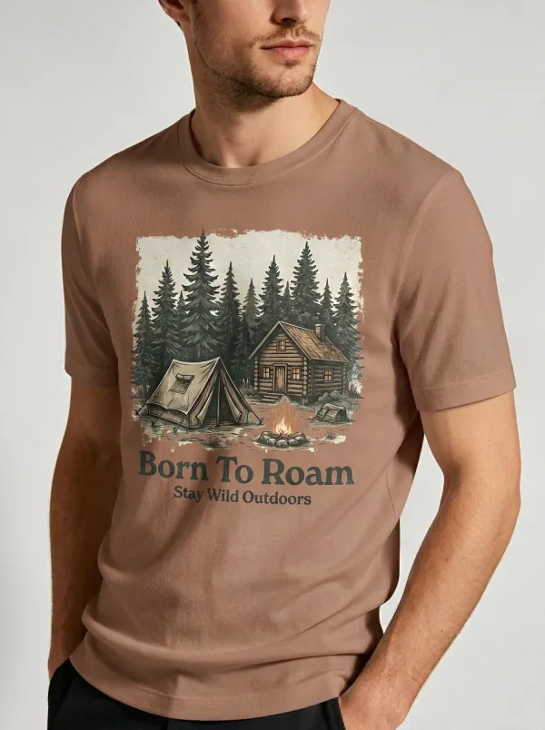 Men's Camping Lover Cabin Tent Born To Roam Printed T-shirt