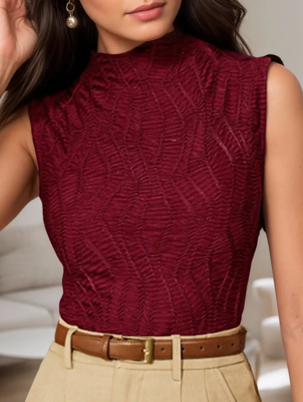 Mock Neck Textured Sleeveless Top