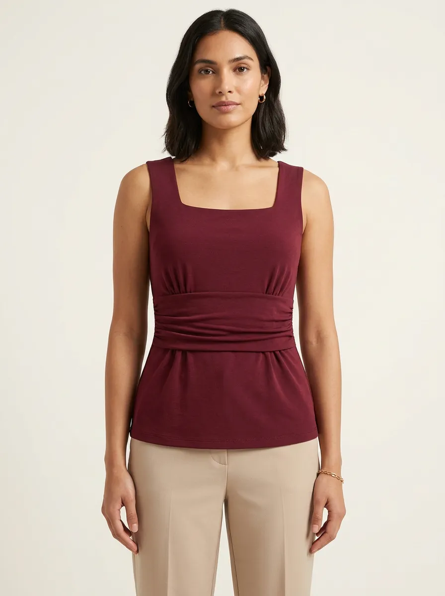 Soft-Profile Square-Neck Waist-Ruched Ruched Tank Top