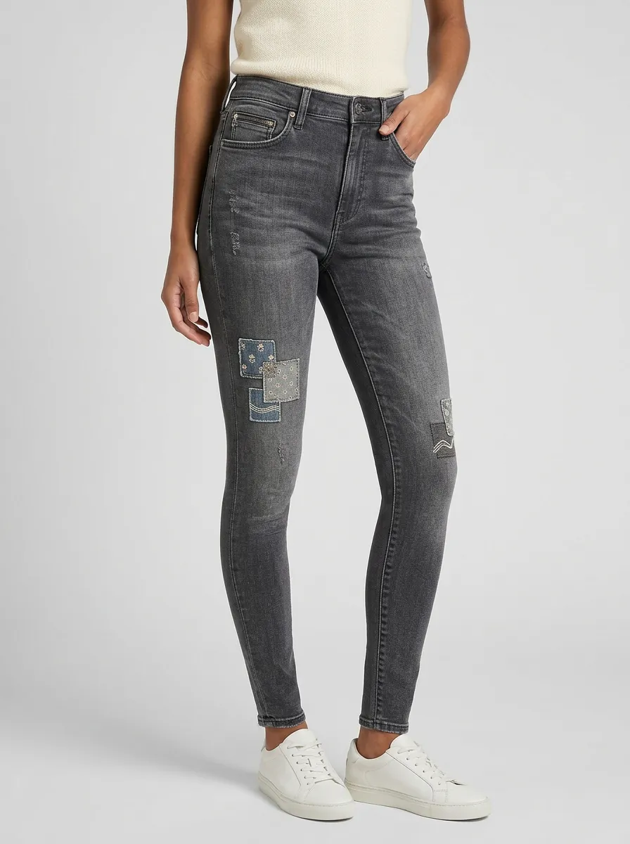 Women's Vintage Style Patchwork Gray Printed Slim Jeans
