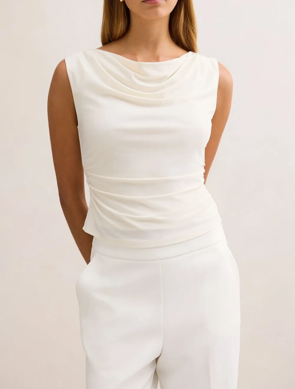 White Cowl Neck Ruched Drape Top