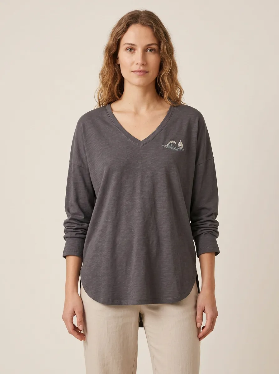 Women's Sailboat V-Neck Long-Sleeve Graphic T-Shirt