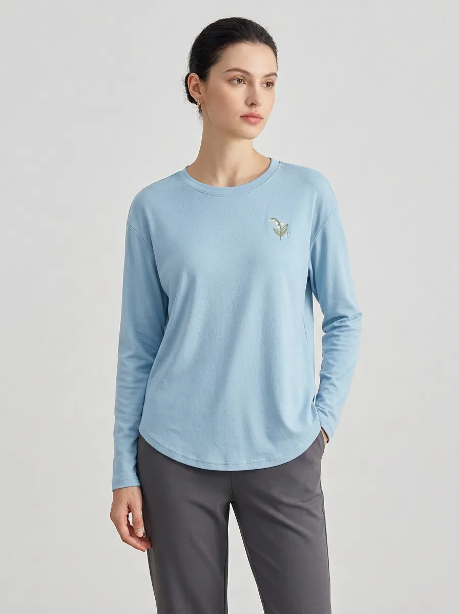 Women's Lily-of-the-Valley Embroidered Long-Sleeve Crew-Neck T-Shirt