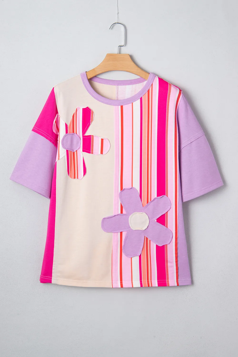 Pink Striped Block Flower Patched Top