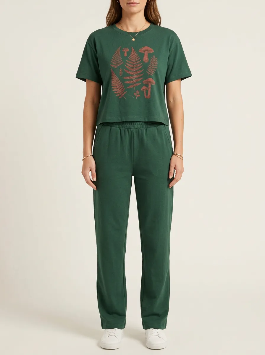 Women's Cropped Crewneck T-Shirt and Straight-Leg Pants Set