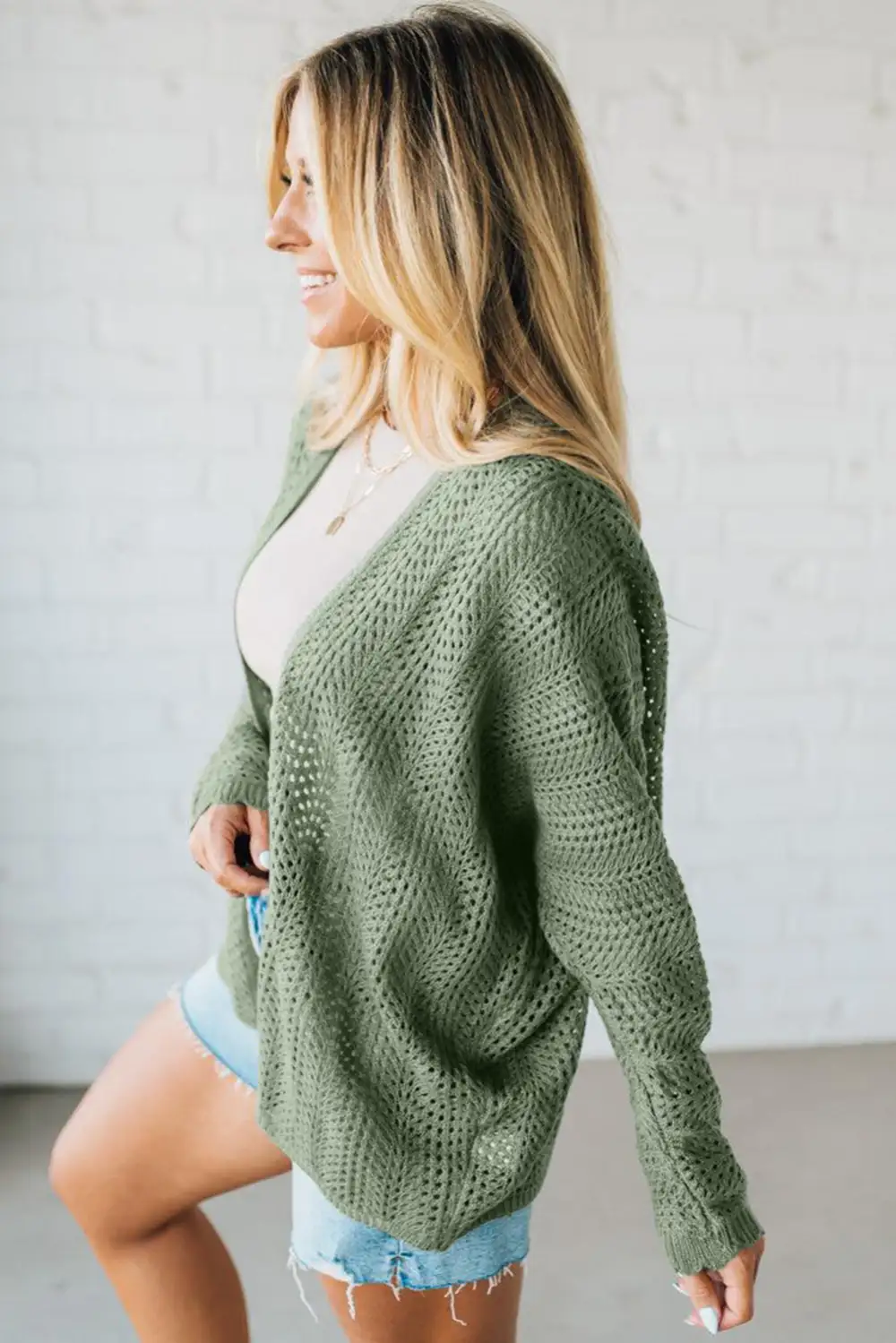 Scalloped Edge Eyelet Knit Batwing Sleeve Cardigan