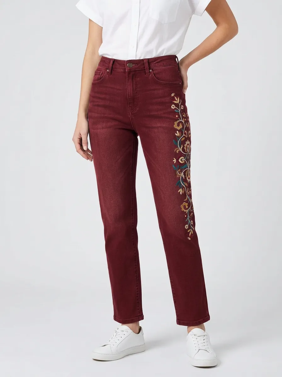 Women's Floral Embroidery Side Pattern Printed Straight Jeans