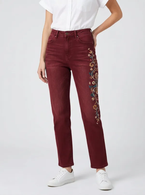 Women's Floral Embroidery Side Pattern Printed Straight Jeans