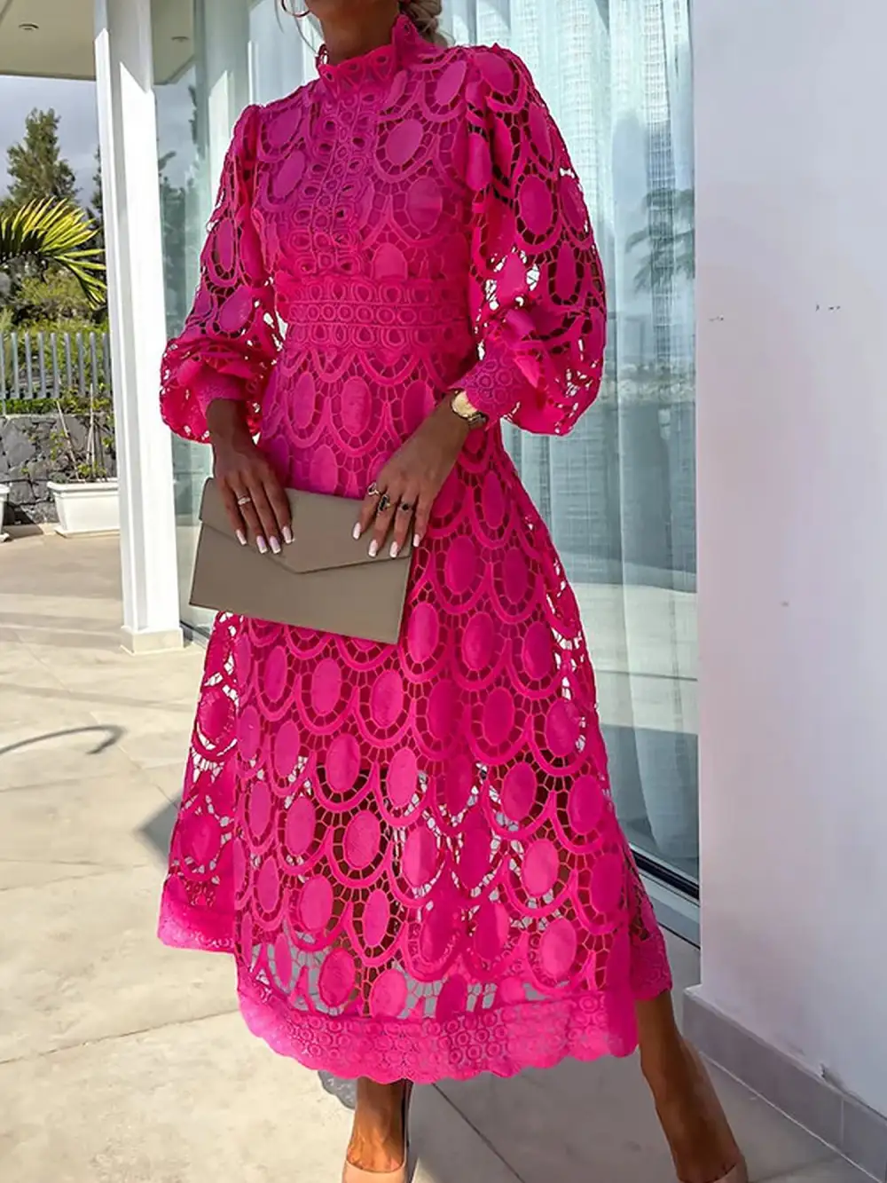 Boho Eyelet Mock-Neck Long-Sleeve Evening Maxi Dress