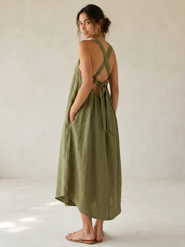 Women's Casual Cross-Back Linen Backless Dress