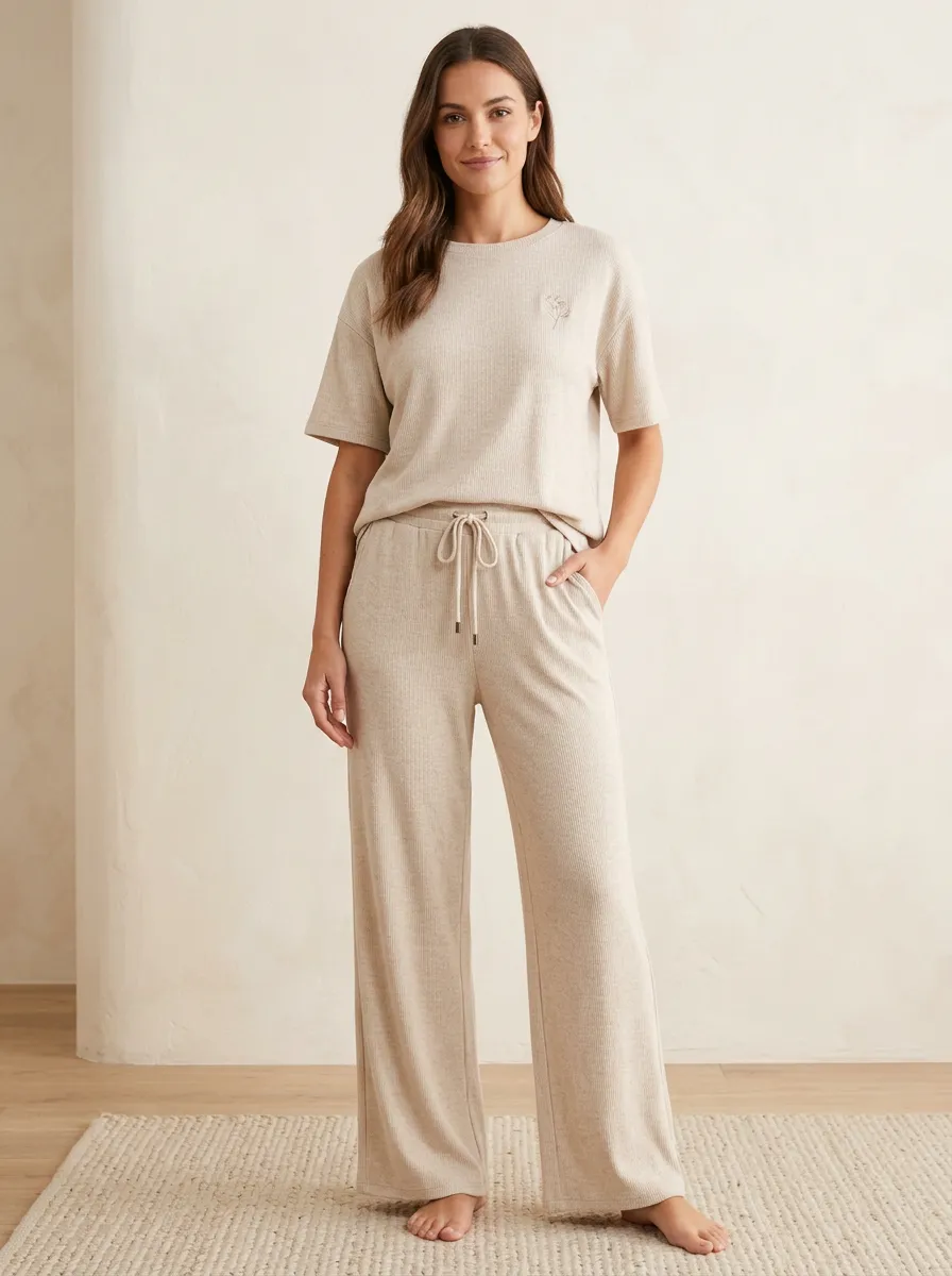 Active Floral Ribbed Style Women's T-Shirt and Wide Leg Lounge Set