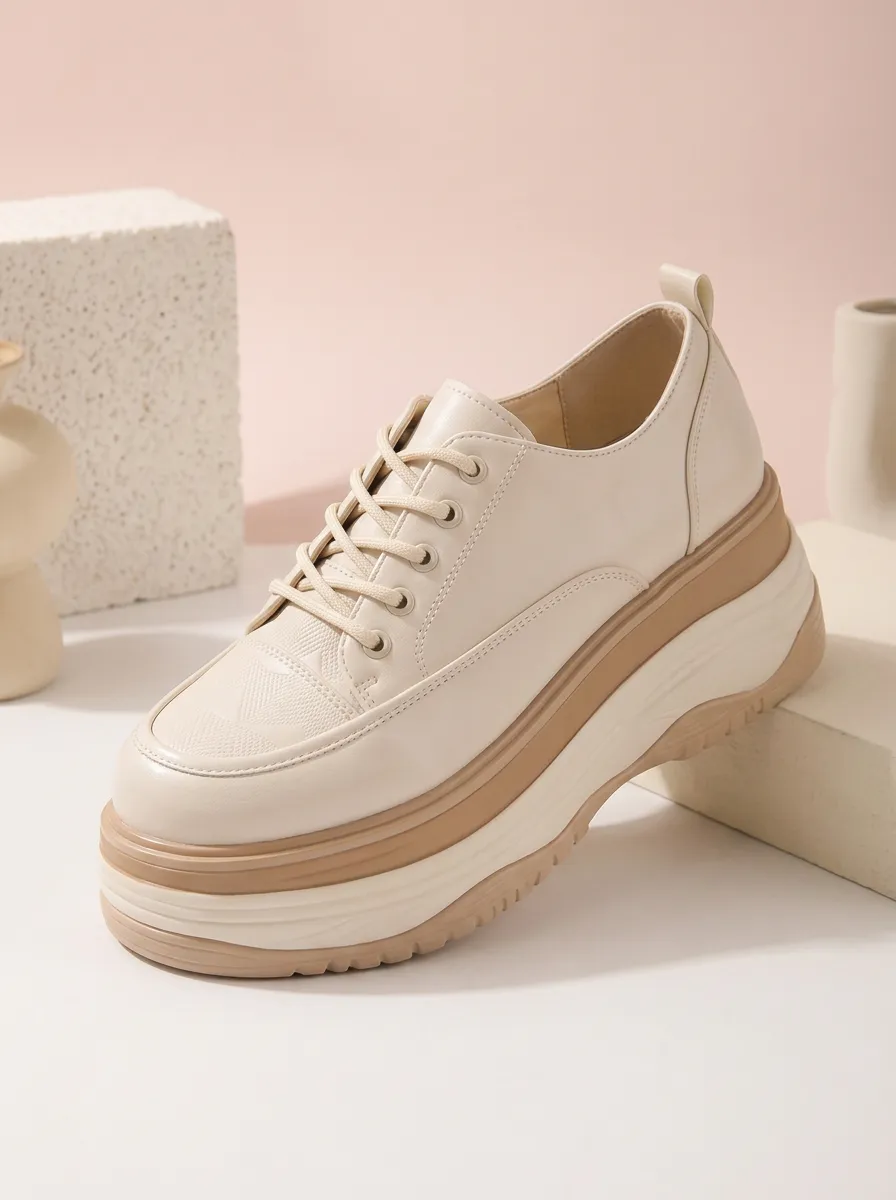 Lace-Detail Lace-Up Low-Top Geometric Women's Chunky Platform Shoes