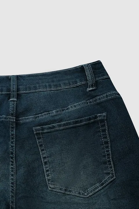 Button Up Roll Hem Straight Leg Jeans