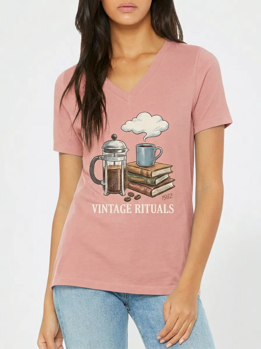 Women's Coffee Book Vintage Rituals Graphic V-Neck T-Shirt