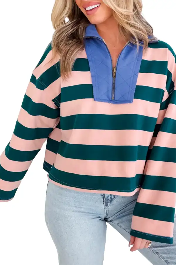 Refined Striped Quarter Zip Cotton Blend Long Sleeve Top