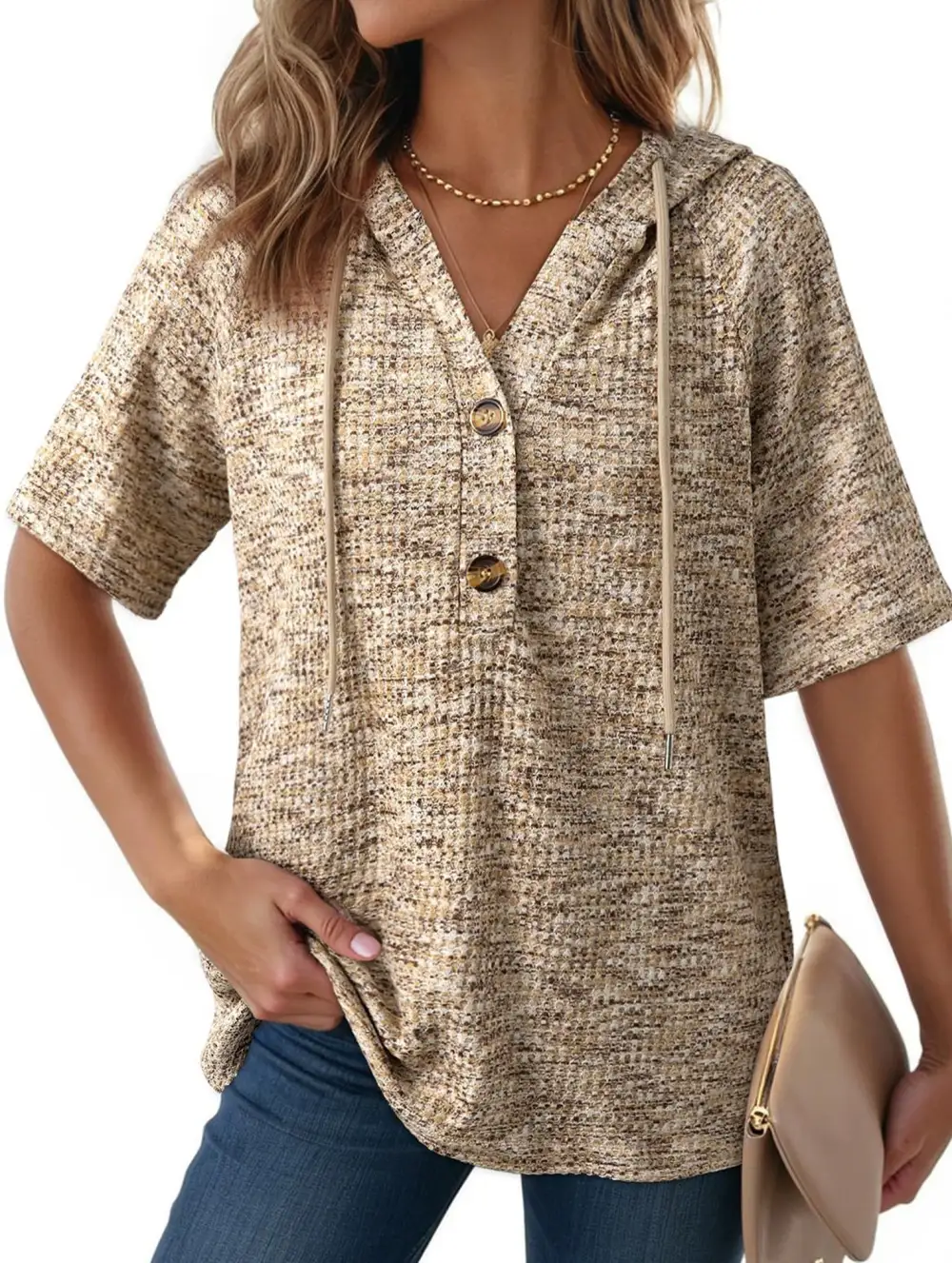 Waffle V-Neck Hooded Short Sleeve Top